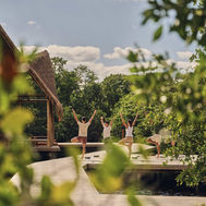 Group yoga practice on an open-air deck surrounded by mangroves at SHA Wellness Clinic Mexico