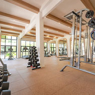 Fitness studio with cable machines, free weights and dumbbell racks under a beamed ceiling