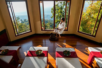 Spa relaxation lounge with panoramic Himalayan views at Ananda in the Himalayas.