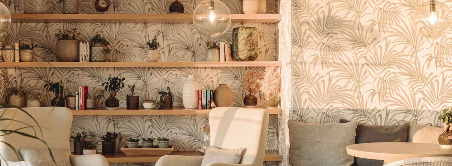 Chic lounge and reading space with natural textures and calming tones