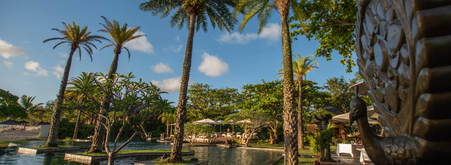 Serene garden with palm trees and water features at Shanti Maurice Resort Mauritius.