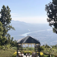 Hilltop gazebo looking down the Ganges valley at Ananda