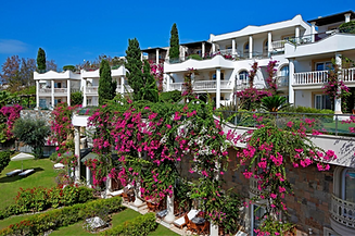Whitewashed suites surrounded by vibrant bougainvillaea gardens at Sianji Wellbeing Resort Bodrum, Turkey