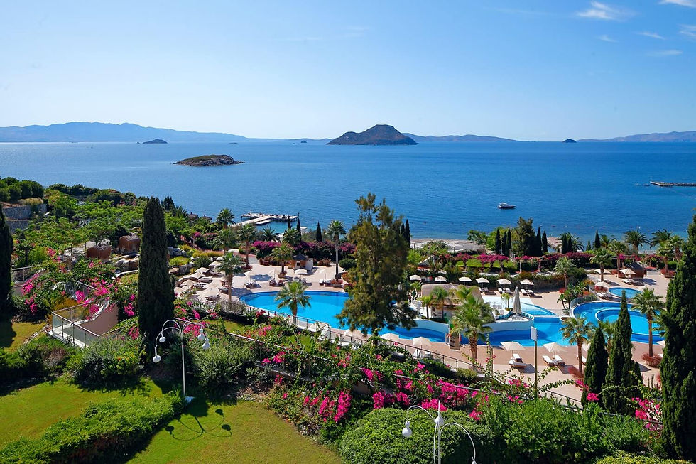Aerial view of Sianji Wellbeing Resort overlooking the Aegean Sea in Bodrum