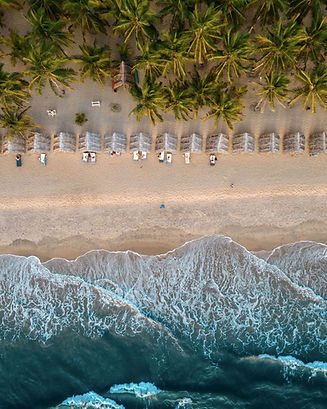 Aerial view of Nattika Beach with sun loungers and palm trees in Kerala, India
