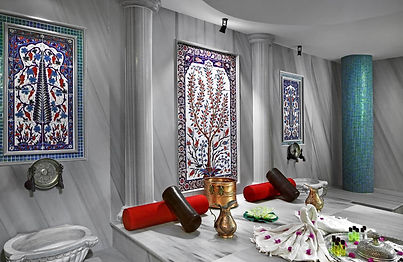 Traditional marble hammam with ornate Ottoman tiles at Sianji Wellbeing Resort Bodrum