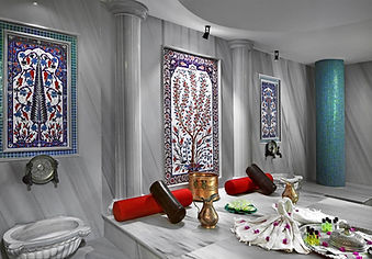 Traditional marble hammam with ornate Ottoman tiles at Sianji Wellbeing Resort Bodrum