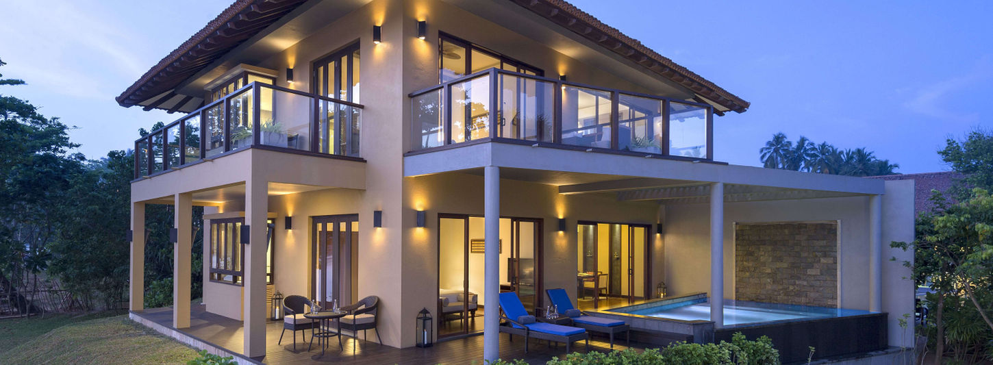 Elegant Royal Bawa Suite exterior with wraparound balconies and private plunge pool at Anantara Kalutara