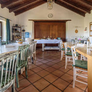 Communal dining room with rustic décor at Azulfit Retreat in the Canary Islands