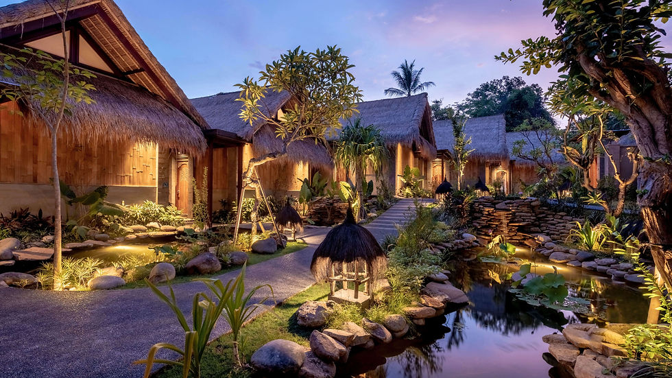 Evening view of villas and pathways at Fivelements Retreat Ubud Bali