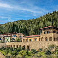 Aerial view of Euphoria Retreat surrounded by lush pine forest in the Peloponnese, Greece
