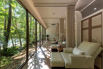 Spa relaxation lounge with floor-to-ceiling garden views at RXV Wellness Village