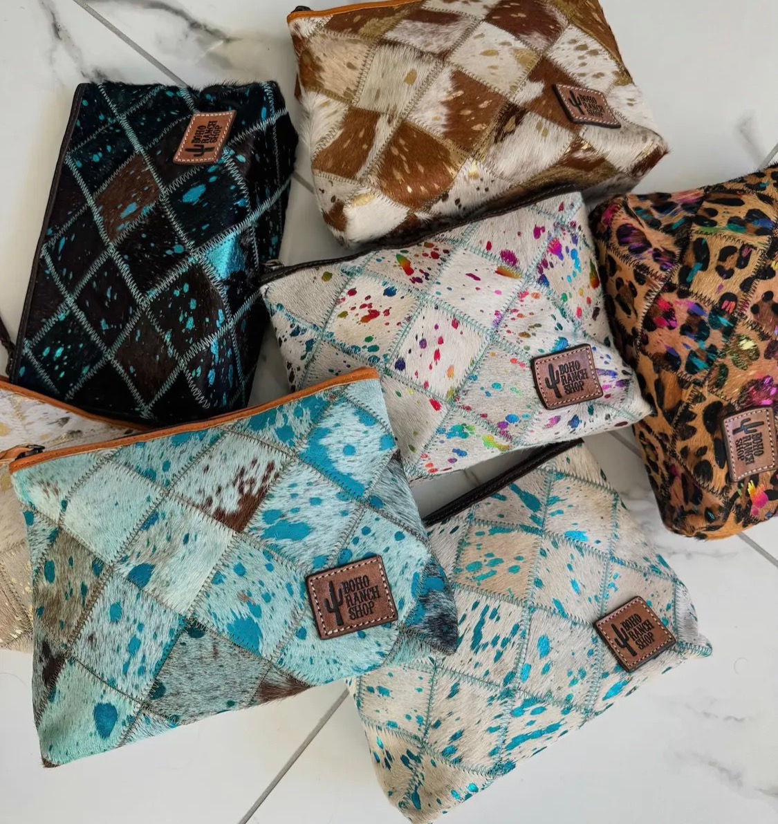 Boho Ranch Shop - Checkered Western Cowhide Makeup Bag Travel