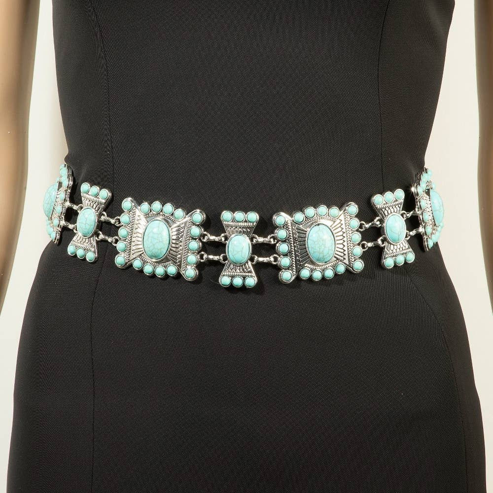 Collections by Fame Accessories - Turquoise Stone Western Concho Chain Belt: S