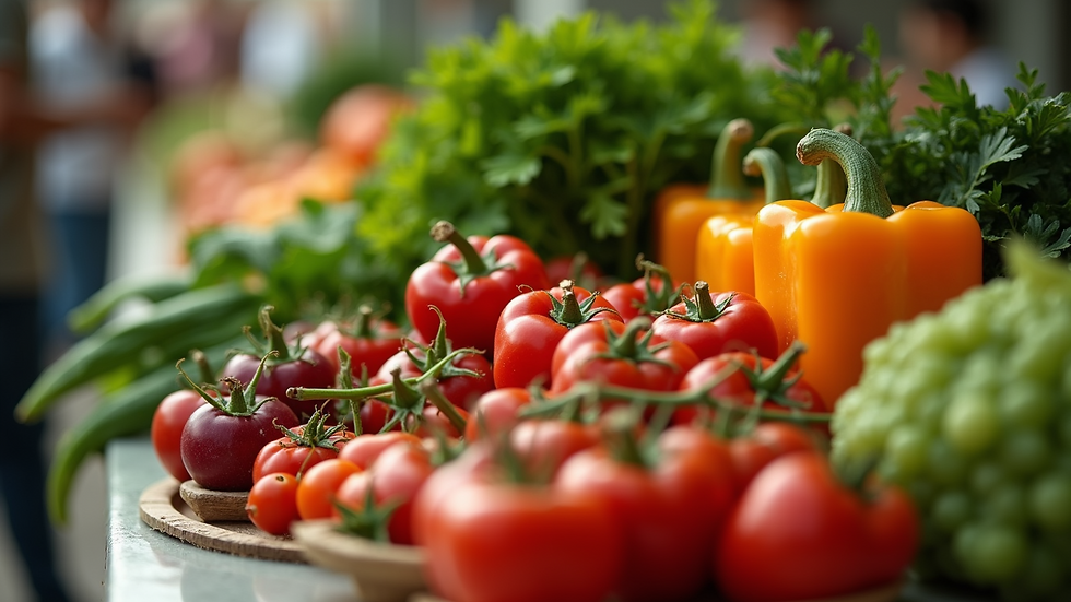 Close-up of fresh vegetables arranged for a community meal