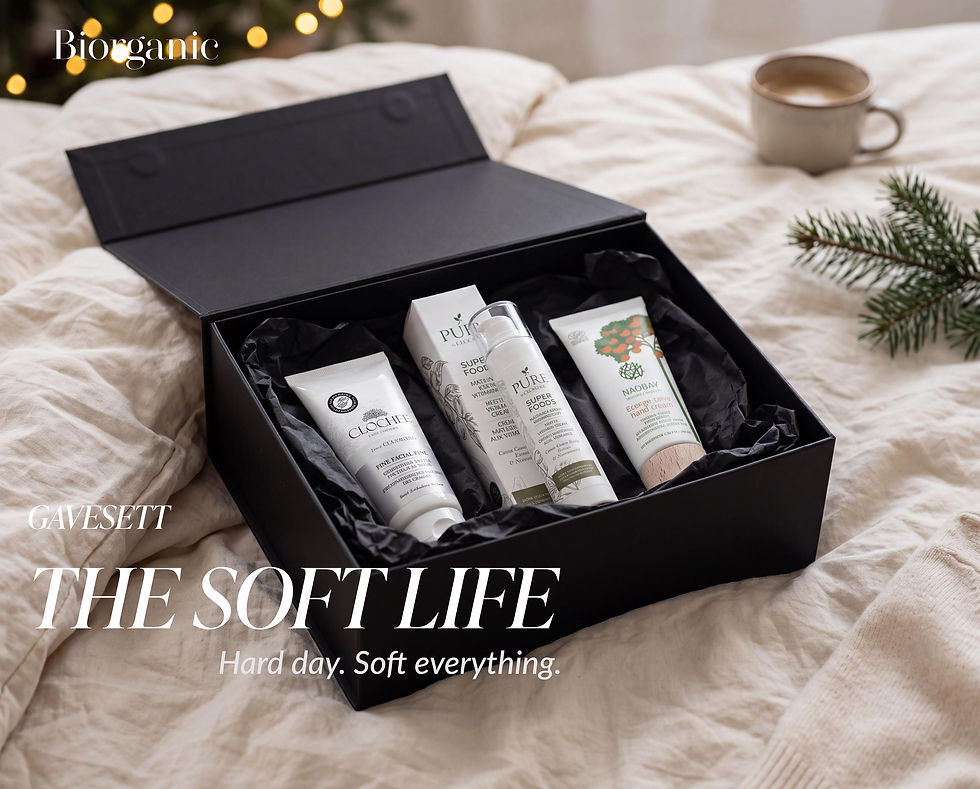 THE SOFT LIFE hudpleie gavesett med ansiktspeeling, Superfoods ansiktskrem og håndkrem.