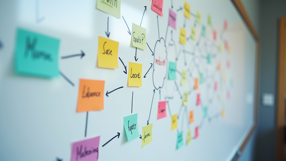 Close-up of colorful mind map on a whiteboard with various ideas connected