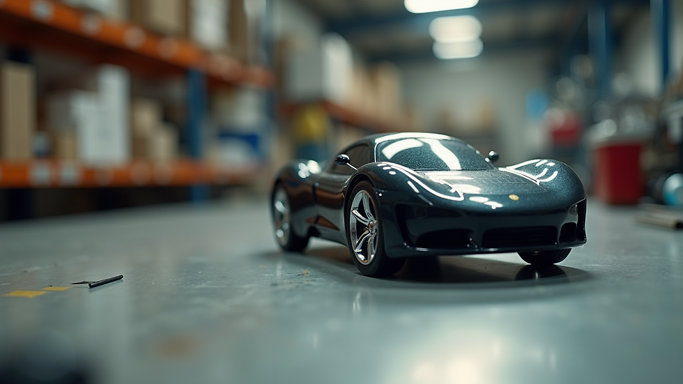 Eye-level view of a solar-powered car model on a workbench