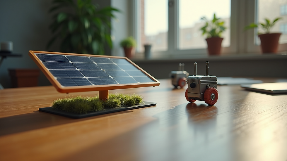 High angle view of a STEM solar kit with solar panels and small motors on a table