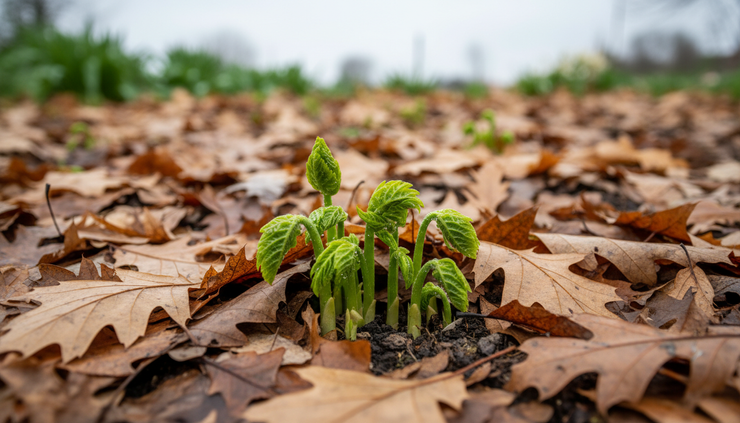 Close-up view of new spring shoots emerging through a thin layer of fallen leaves.