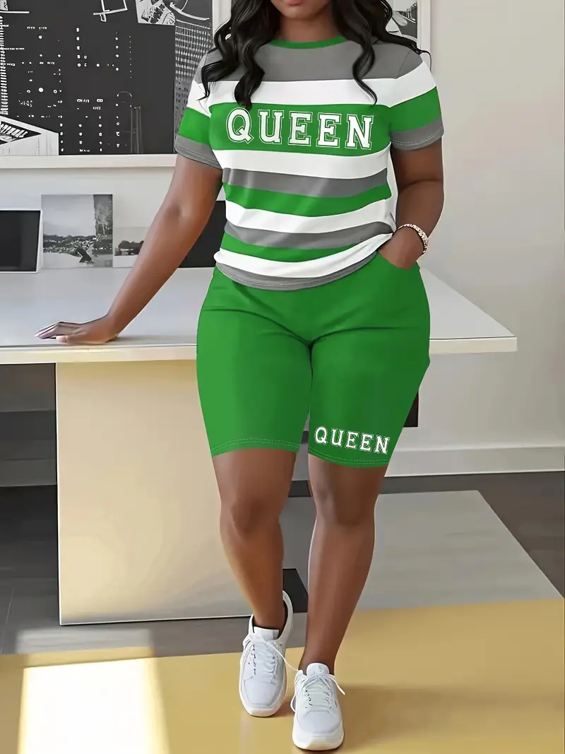 Thumbnail: Plus Size Summer Outfits Biker Shorts Set Crew Neck Short Sleeve Positioning Pri