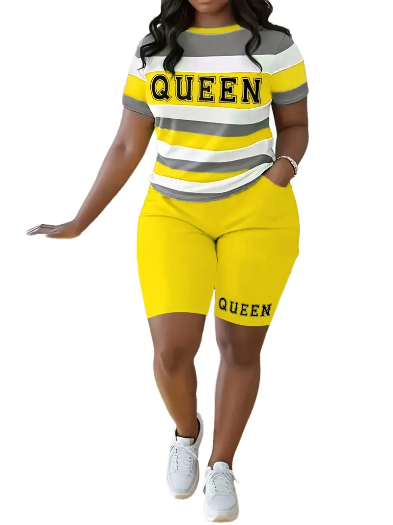 Thumbnail: Plus Size Summer Outfits Biker Shorts Set Crew Neck Short Sleeve Positioning Pri