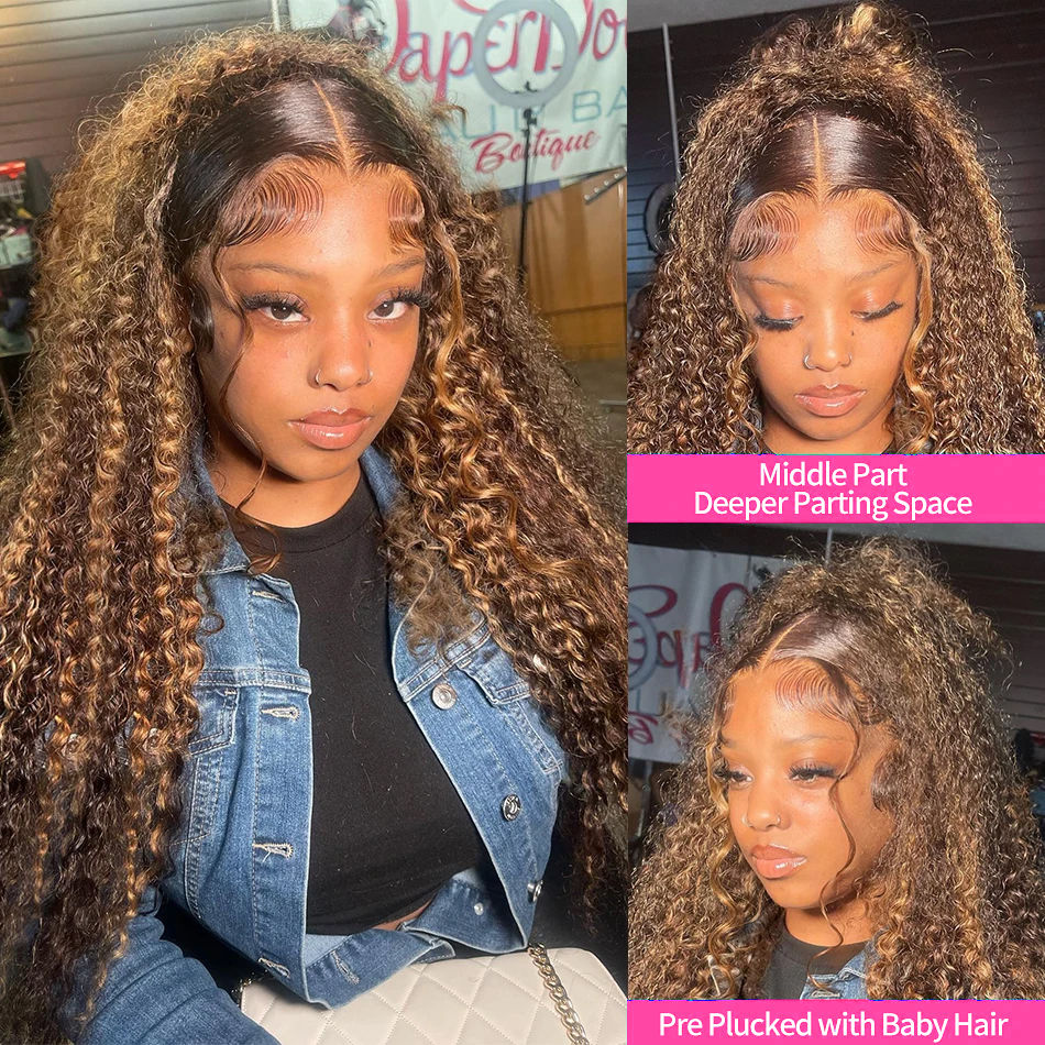 Thumbnail: 30 32 Inch Highlight Ombre Lace Frontal Wig Curly Human Hair Wigs 4/27 Colored 1