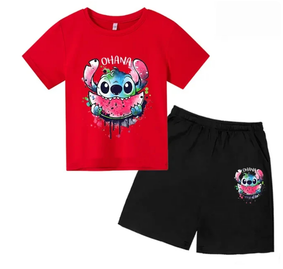 Thumbnail: Stitch Children Clothes Round Neck T-shirts+ Shorts Sets Suitability 2-12 Years 