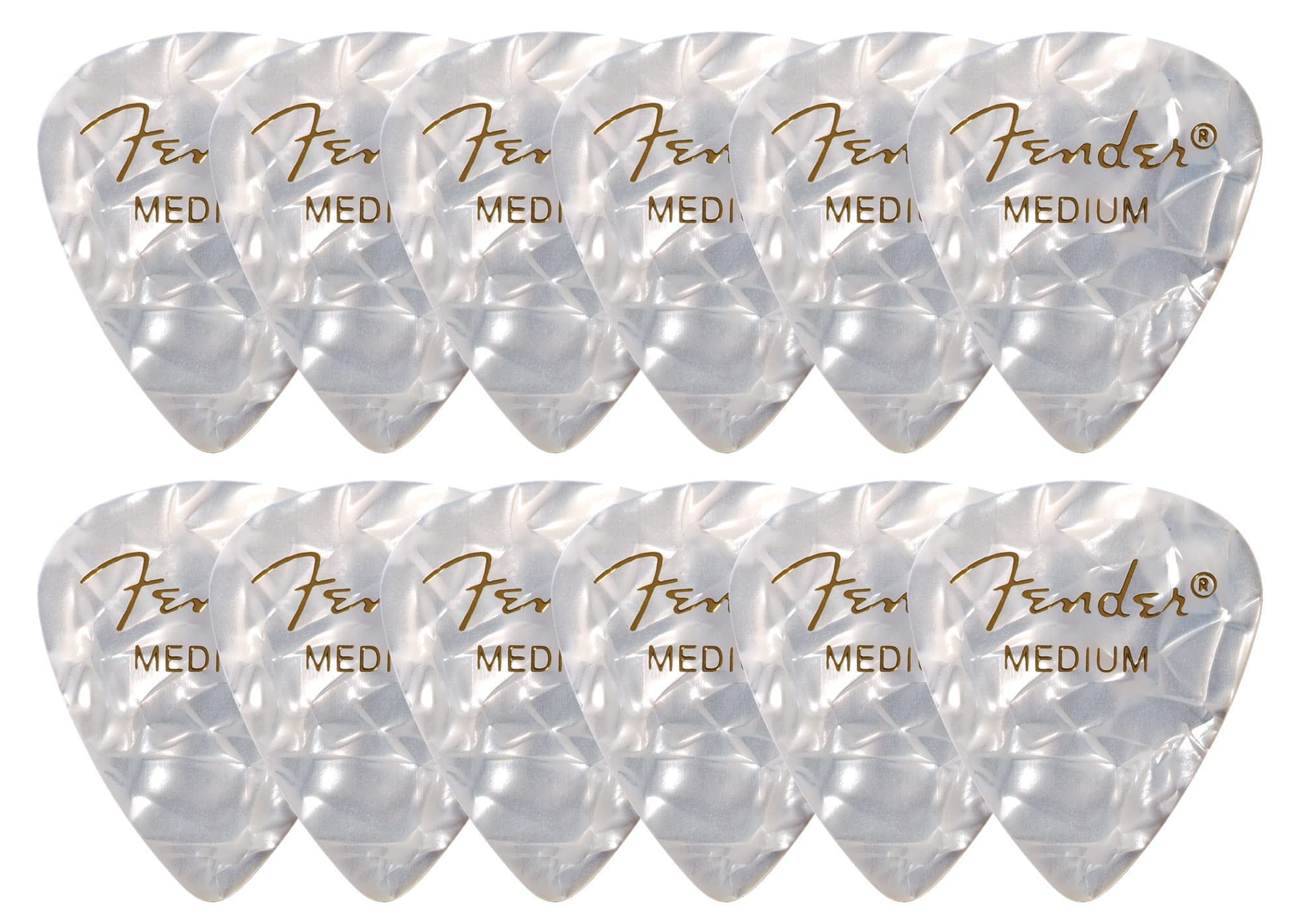 Fender Premium Celluloid 351 Shape Picks, Medium, White Moto - 12 Pack