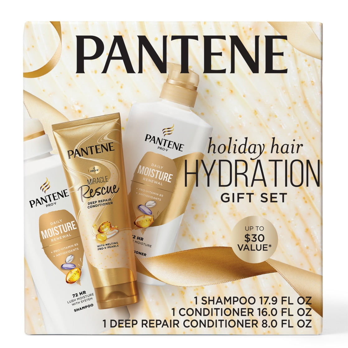 Pantene Holiday Hair Hydration Gift Set, Daily Moisture 17.9 oz Shampoo, 16 oz 