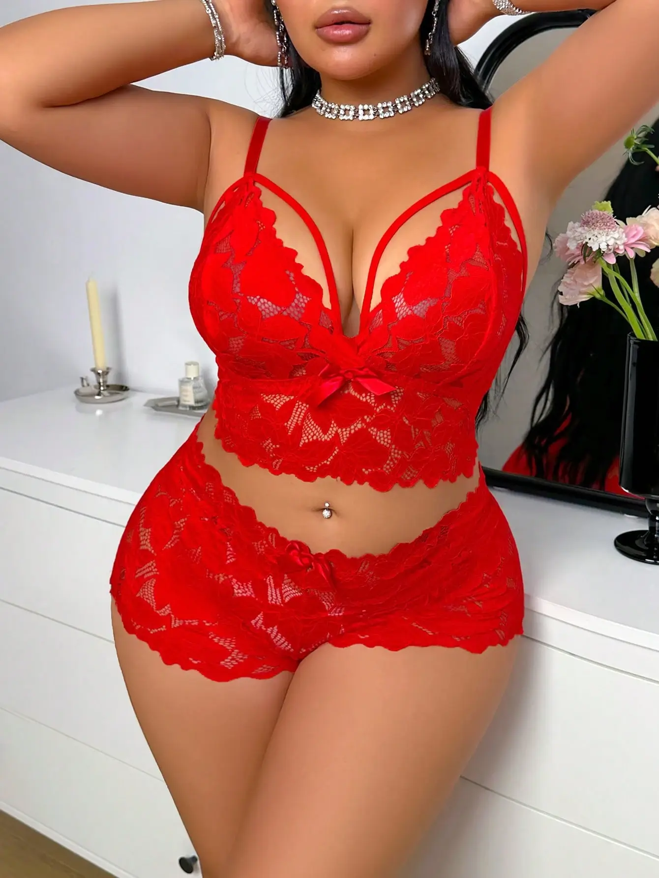 2pcs Plus Size  Women Lace Lingerie Set
