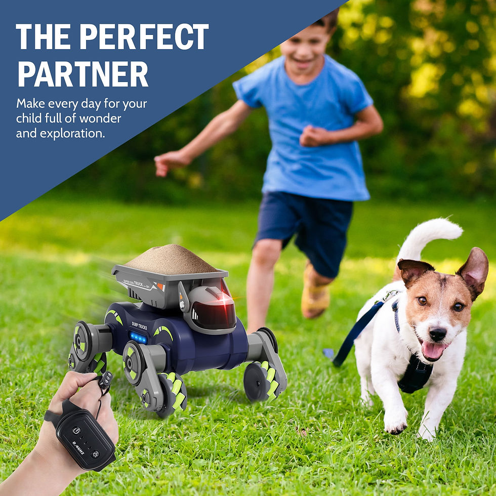 Boy playing with remote control car and dog; The Perfect Partner
