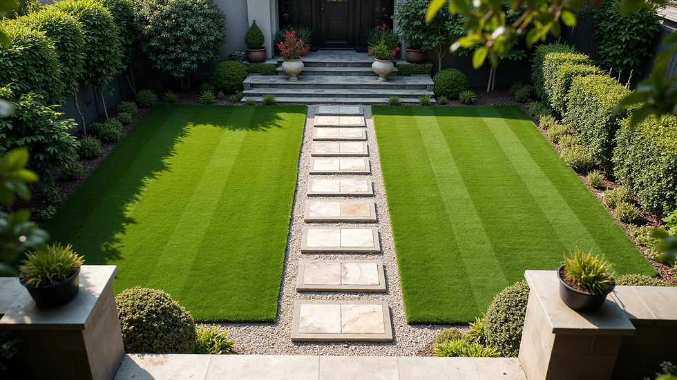 High angle view of a backyard with stone walkways and garden beds