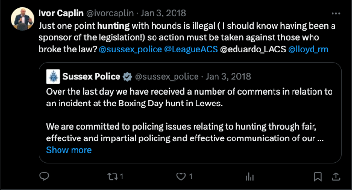 Ivor Caplin identifies himself as one of the sponsors of the Hunting Act in a tweet that tags the League Against Cruel Sports