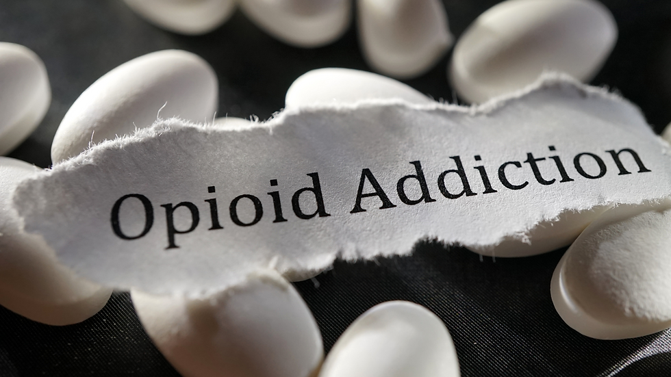opioid addiction typed on paper with pills underneath