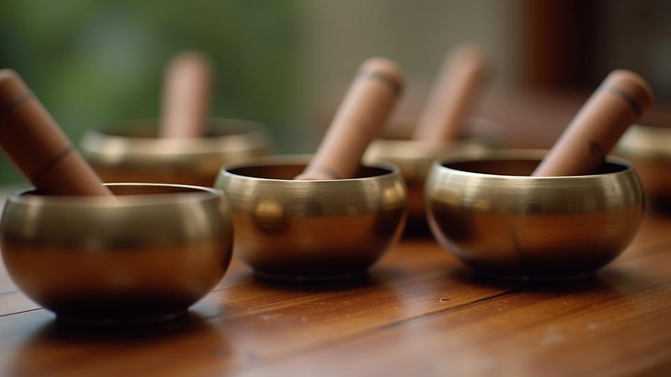 Close-up view of Tibetan singing bowls arranged on a wooden surface