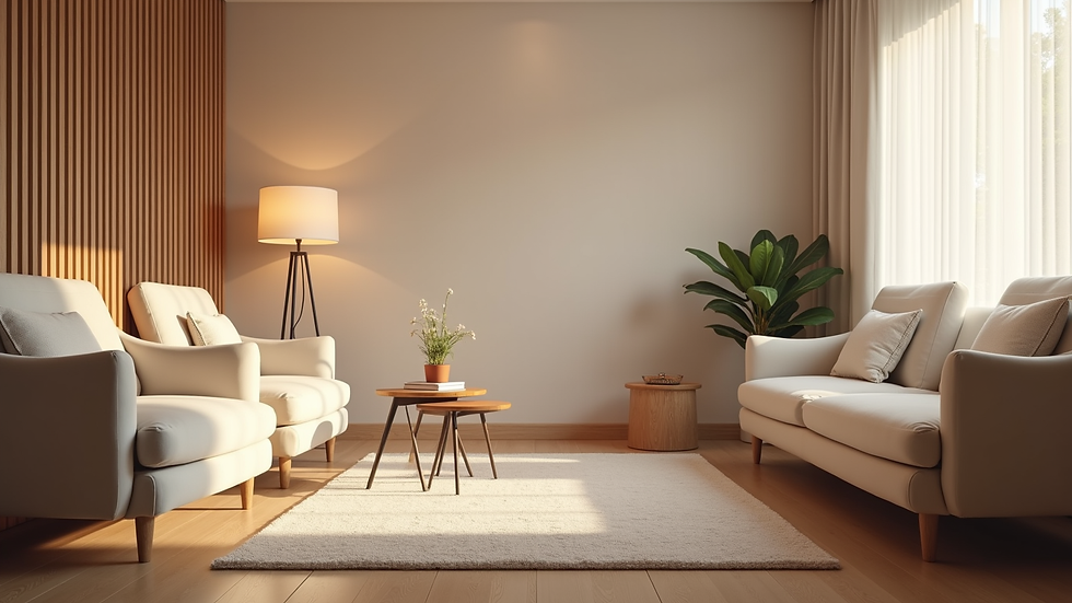 Eye-level view of a calm therapy room with soft lighting and comfortable chairs