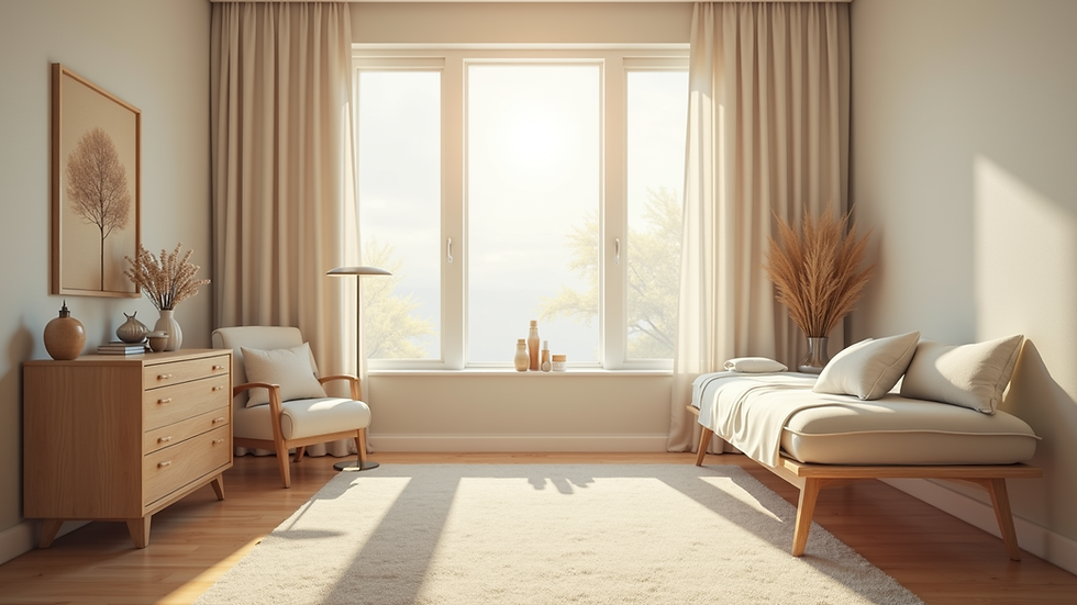 Eye-level view of a serene therapy room with natural light and calming decor