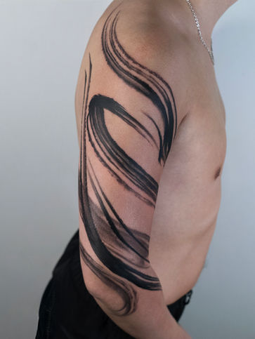 Freehand brushstrokes tattoo sleeve, did in Hong Kong during guest spot