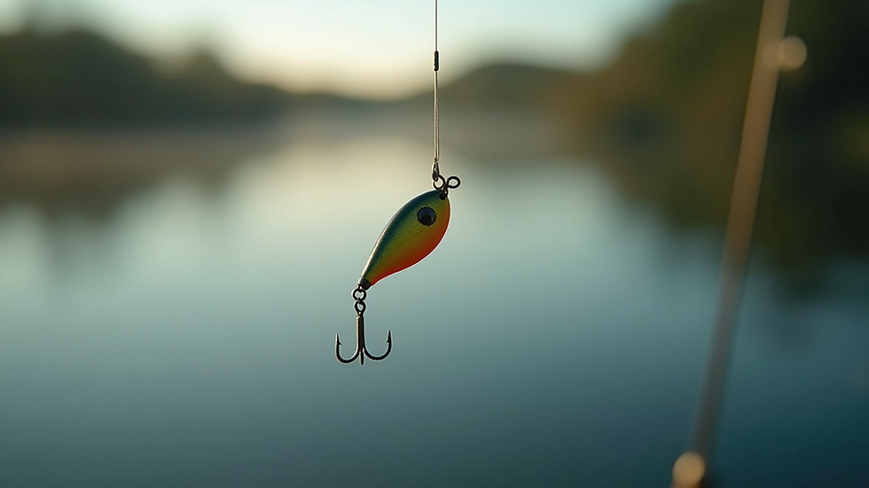 Eye-level view of a small spinner lure on a fishing line
