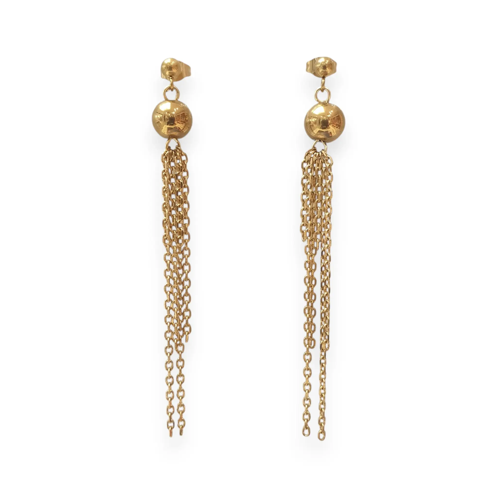 Boucles d'oreilles pendantes Fantine, chaînes dorées et perles graphiques 1