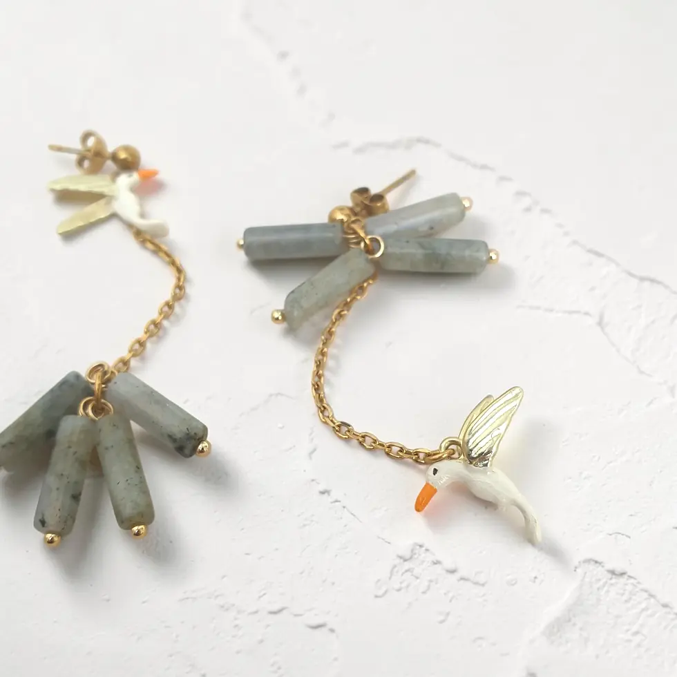 Boucles d'oreilles pendantes Eponine, colibris et labradorite 1