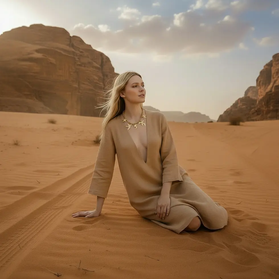 Miniature : Collier Orion porté par un mannequin assis dans le désert