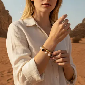 Des perles dorées comme une ligne continue. Puis des ruptures : noir, blanc, écru.