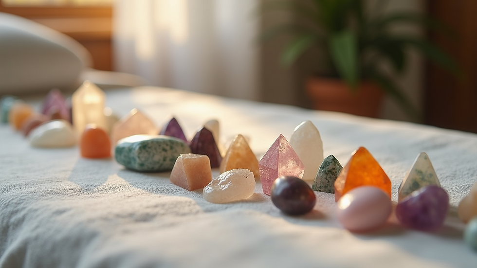 Eye-level view of a massage table with energy healing crystals arranged