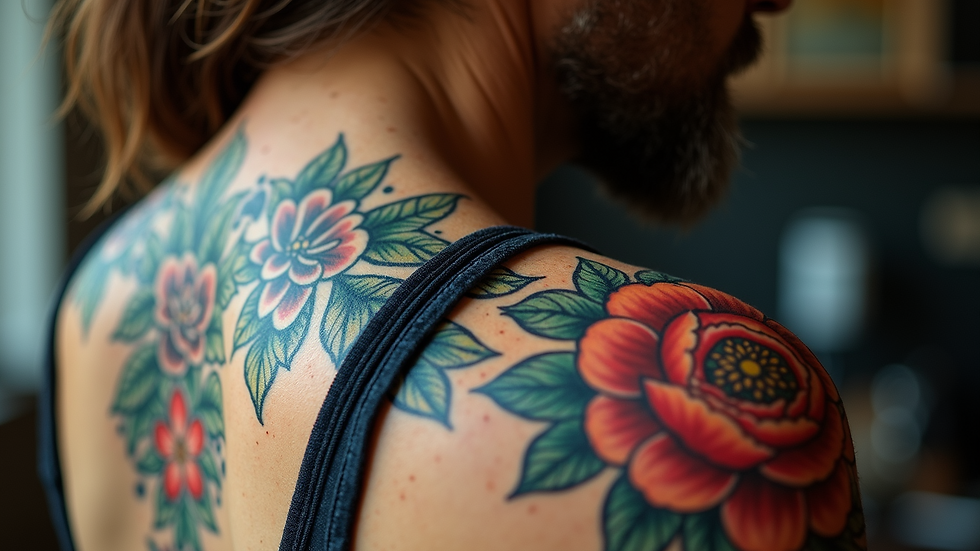 Close-up view of a colorful floral tattoo covering an old design