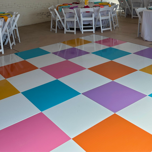 12x12 custom colored checkered vinyl wrapped dance floor at The Vue Columbus Ohio by Eden Rentals