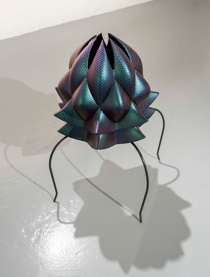 Crambe MarÃtima (2025)
Medium: Steel, resin, paint
Size: H: 83 x W: 46 x D: 46 cm
Description: Hiding in plain sight Crambe Maritima is disguised with shimmering fish scales.