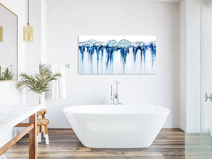 Wide bluebottle canvas print in a modern bathroom.