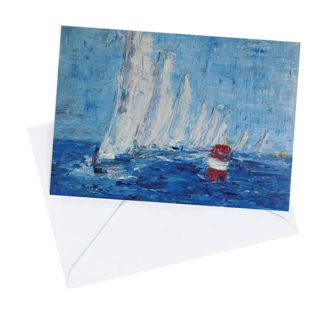 A6 art greeting card titled 'Regatta' by Naomi Veitch, featuring an original painting of several sailing boats
